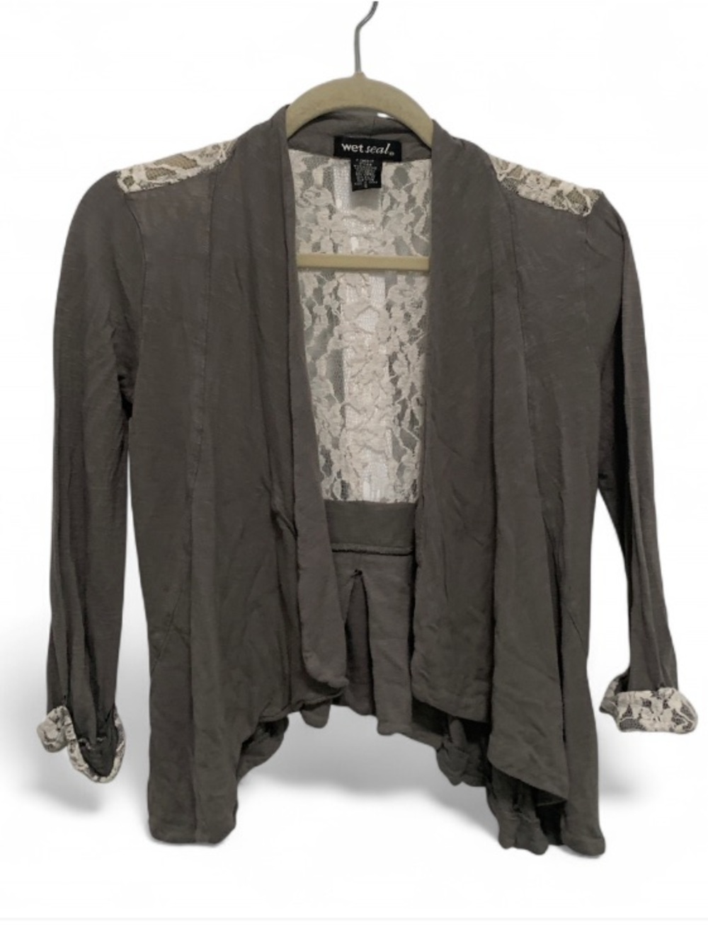 Y2K Wet Seal Gray Open Front Blazer with White Lace Paneling
